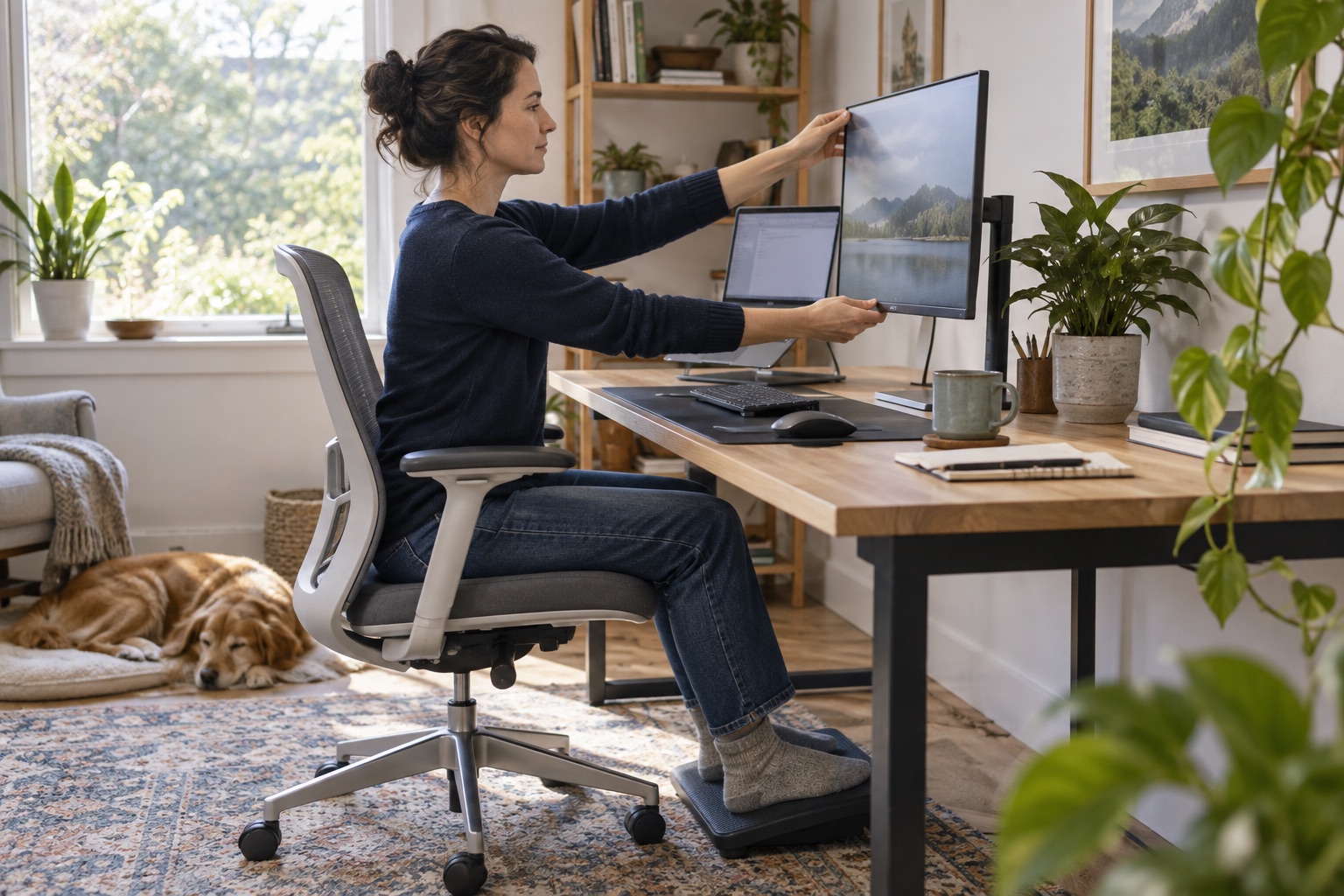 A remote professional adjusting an external monitor at a supported home workstation with separate keyboard and mouse