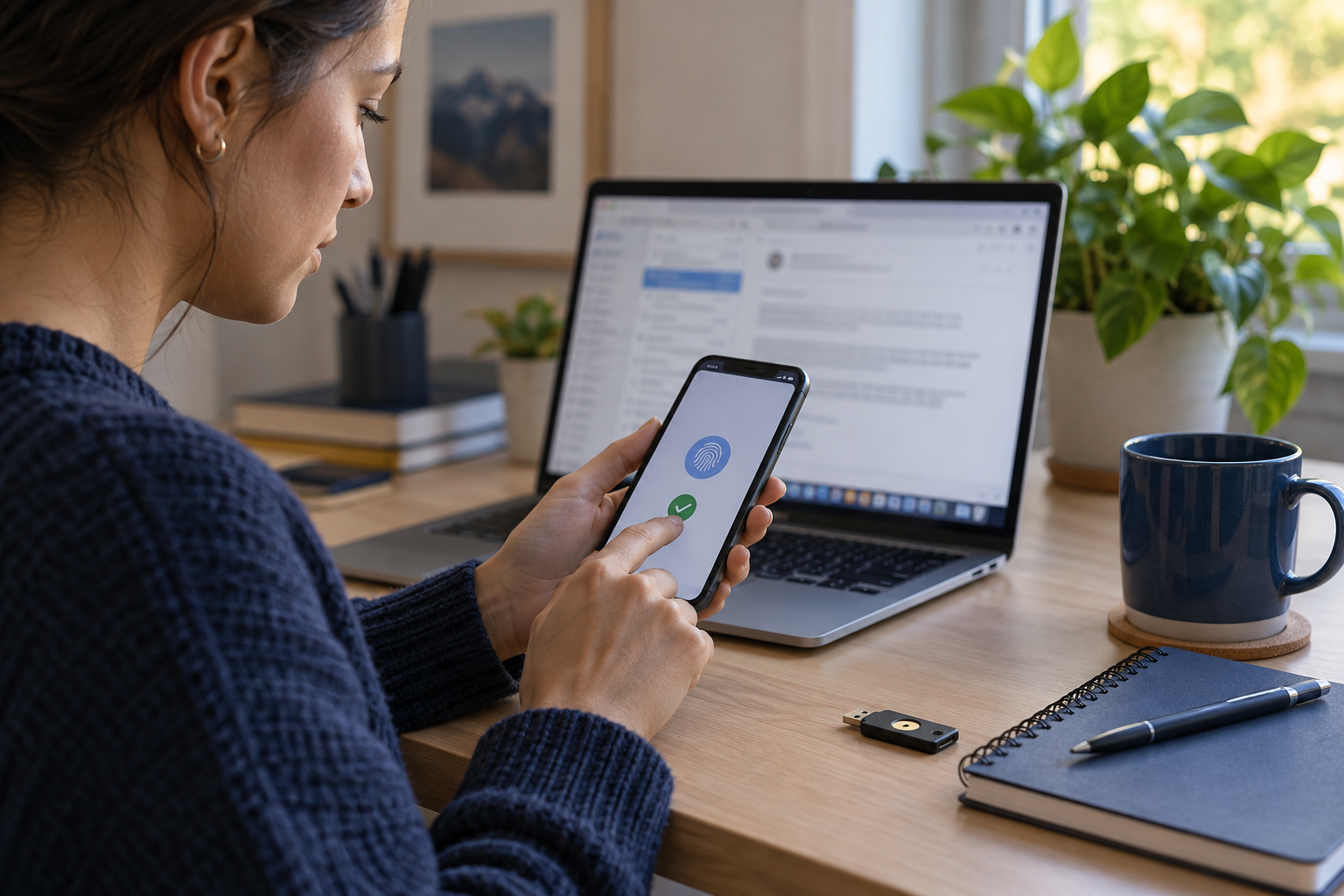 A job seeker enabling secure sign-in on a phone beside a laptop with a blurred recruitment email and hardware security key