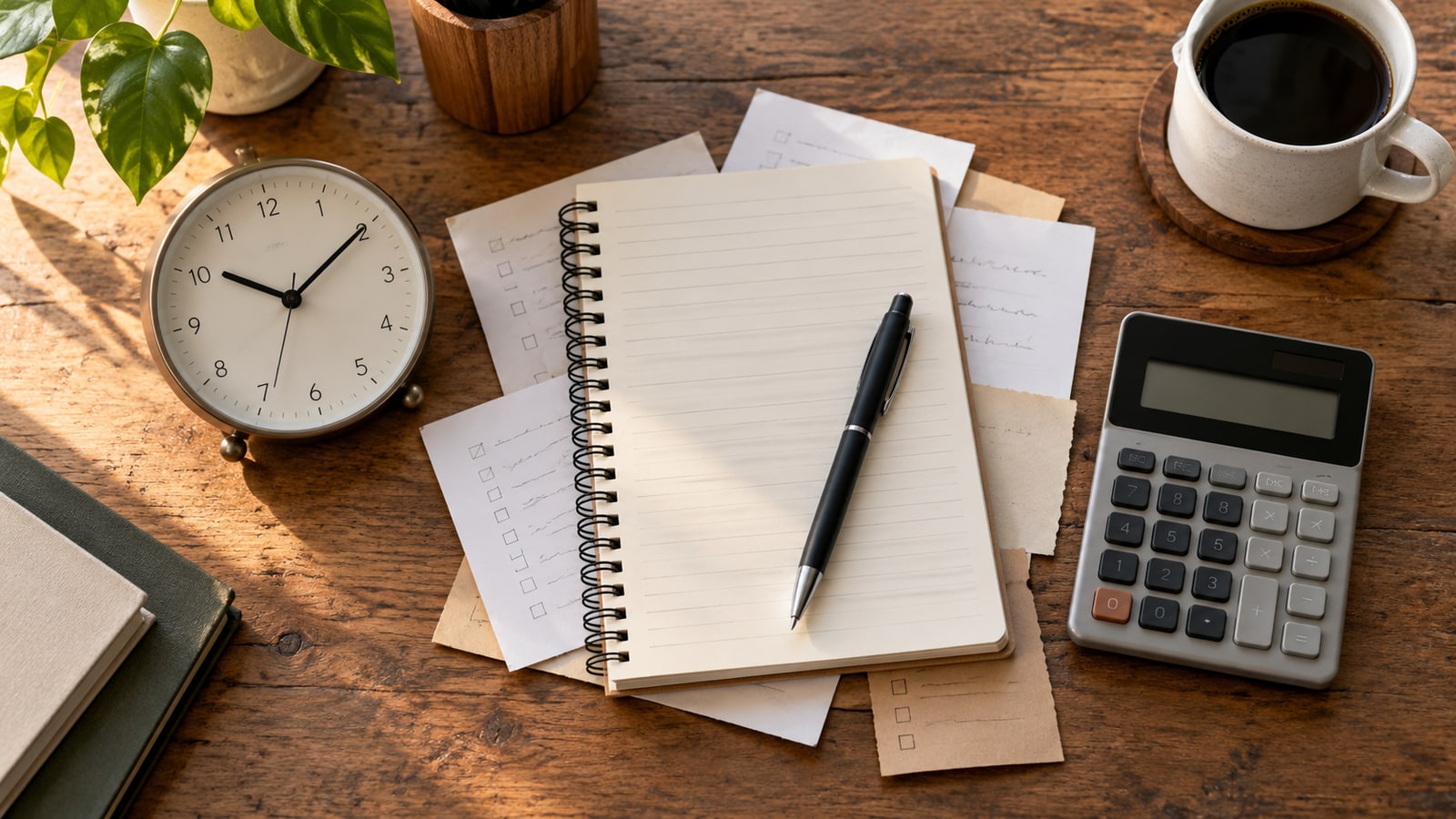 AI-generated illustrative desk scene with a clock, calculator and task notes representing total work time