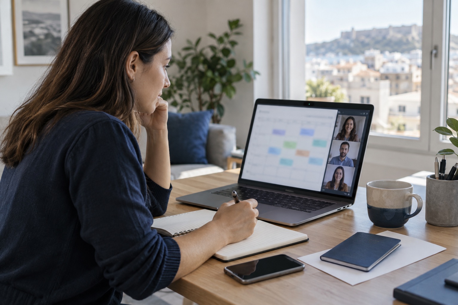 A remote employee planning an approved temporary work trip with a calendar, notebook and video call at a home desk
