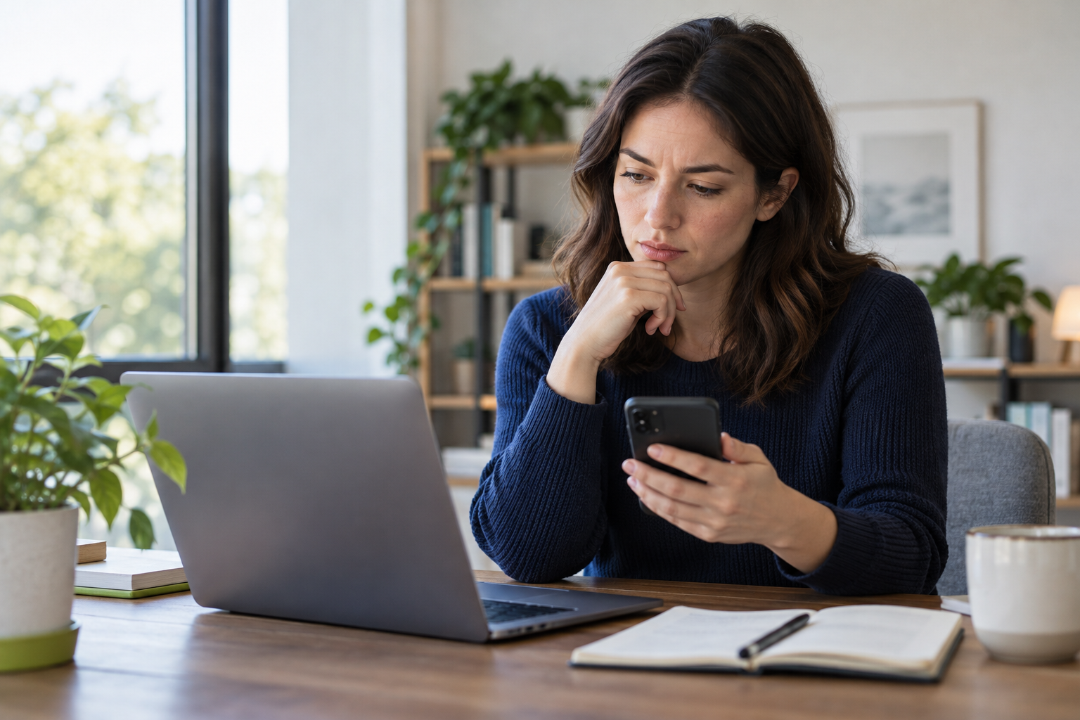 A job seeker pausing over an unexpected recruitment message while checking an official careers route on a laptop