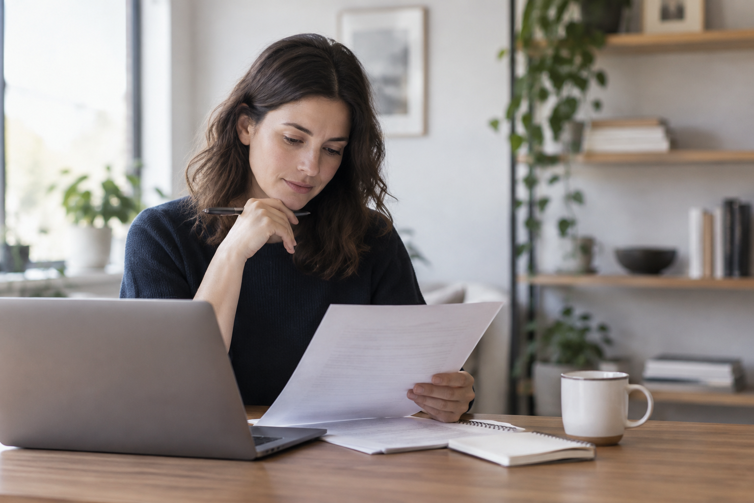 A remote professional reviewing a take-home work assignment at a home-office desk