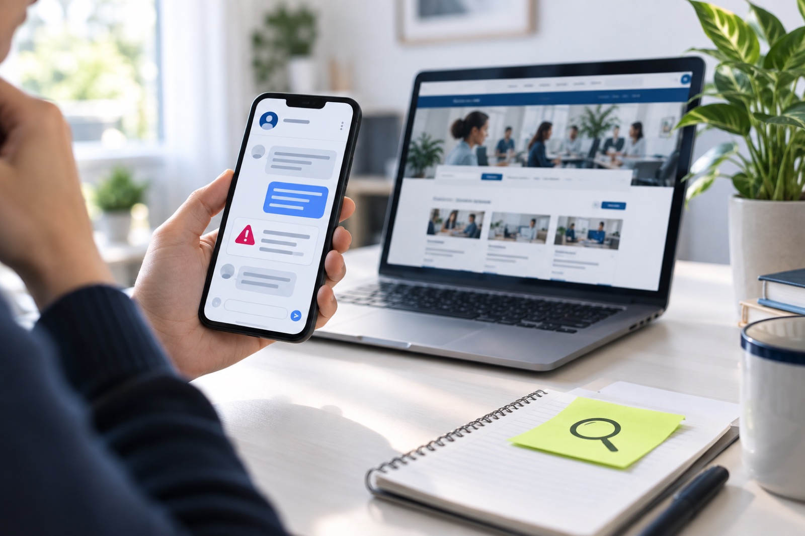 A job seeker comparing a recruiter message on a phone with an official company careers page before responding