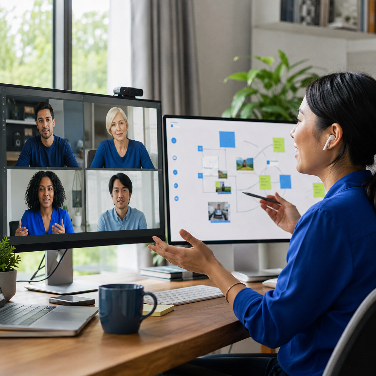 Editorial illustration from the RemoRoute image library: colleagues discussing work through a video call and a shared visual board.