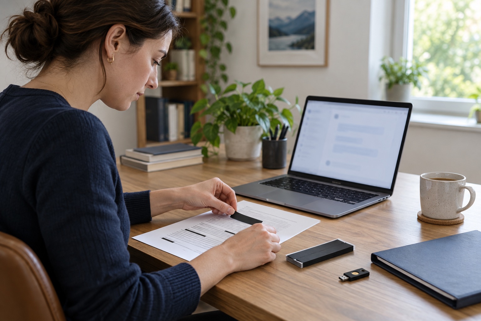 A remote professional redacting a workplace document before using a blurred public AI assistant on a laptop